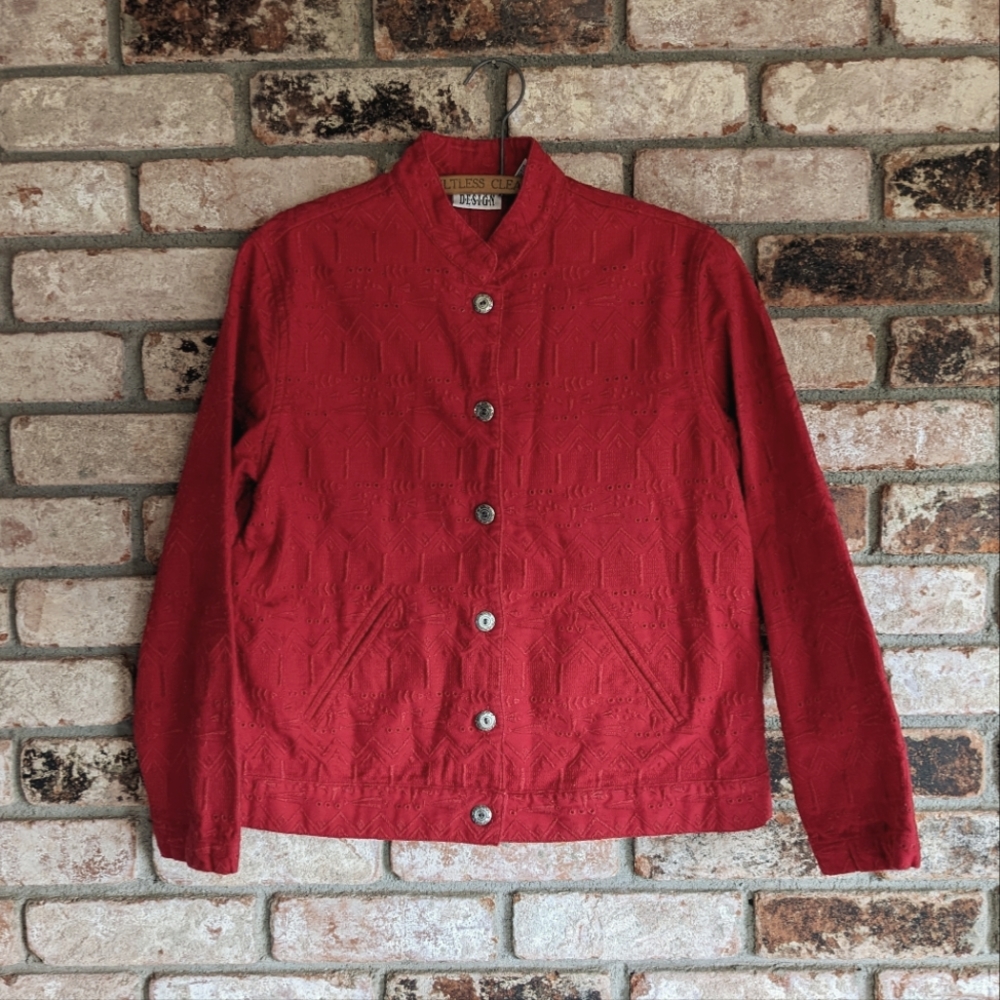 ♦️ Chico's Red Embroidered Southwestern Blazer Lightweight Jacket Size 1